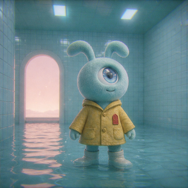 Morrow inside a flooded mint tiled room