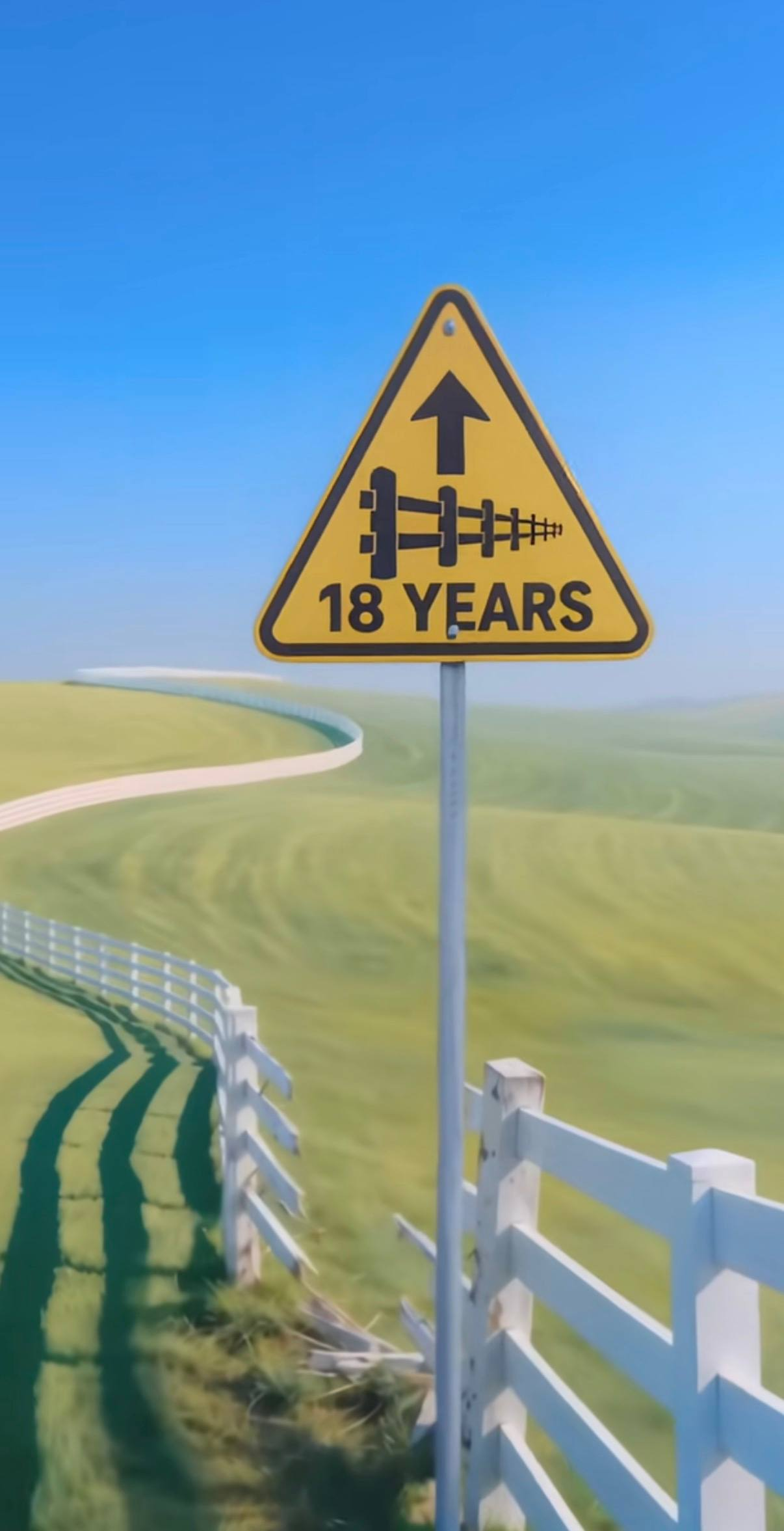 A yellow 18 years warning sign beside a white fence on endless green hills