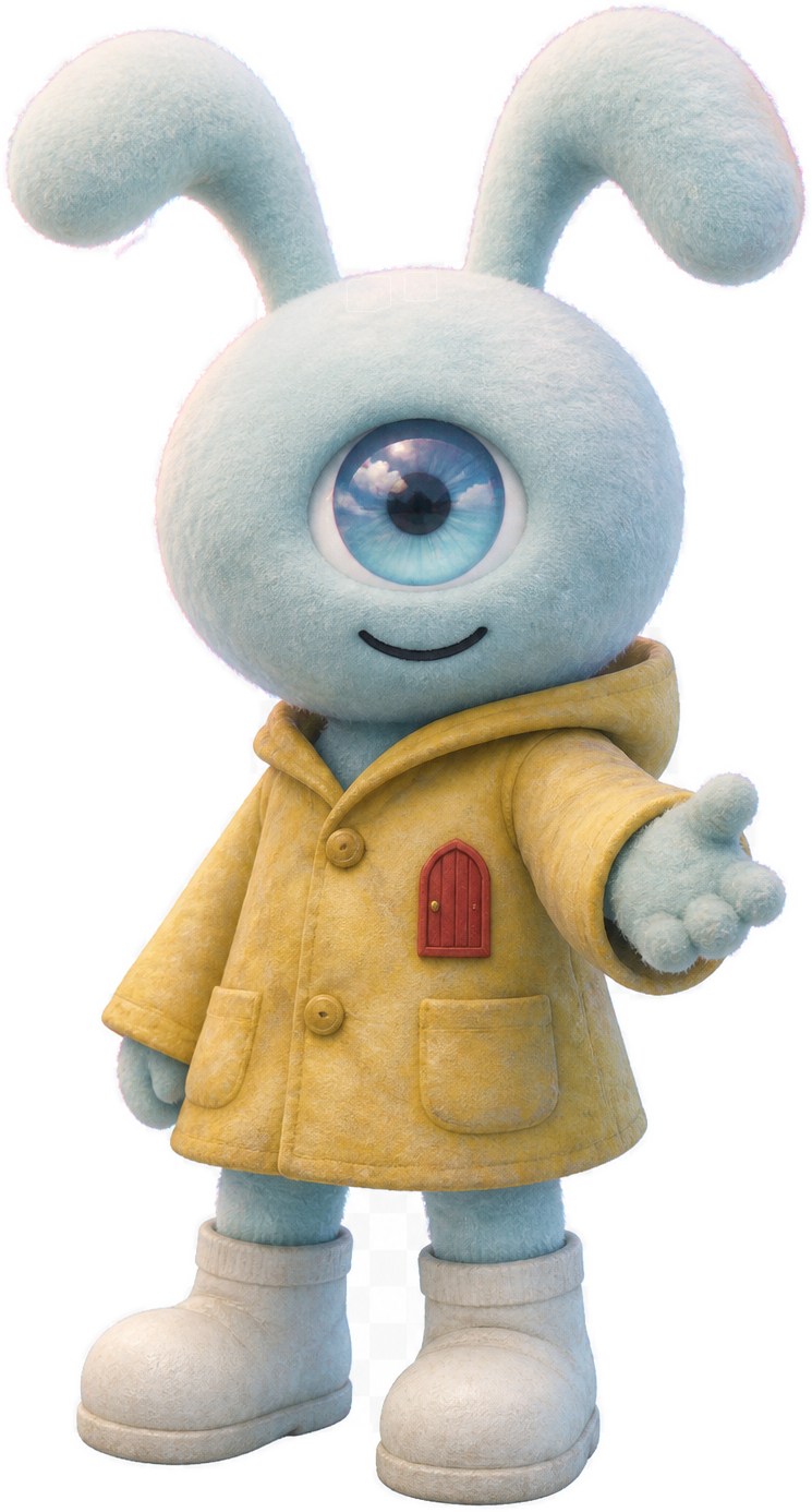 Morrow, a one-eyed blue dream keeper in a yellow raincoat